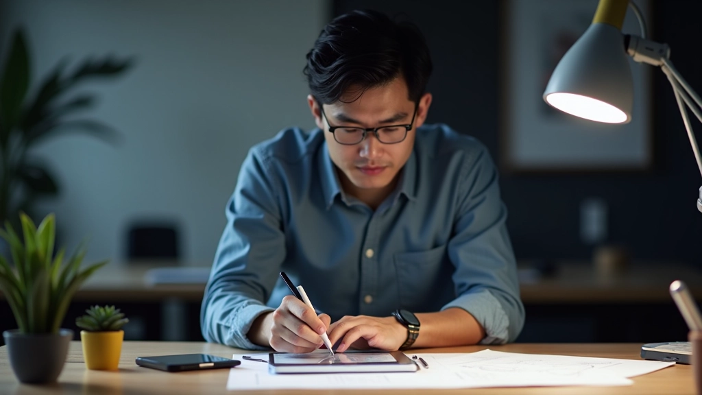 Designer sketching wireframe layouts and loading states on digital tablet with stylus