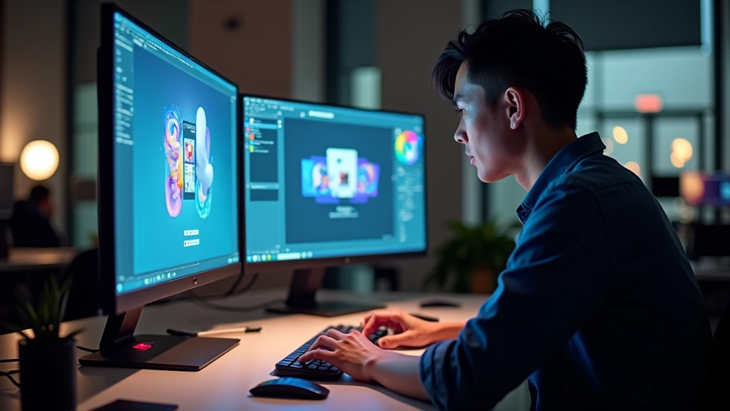 Designer working on micro-interaction animations on desktop screen with color palette visible